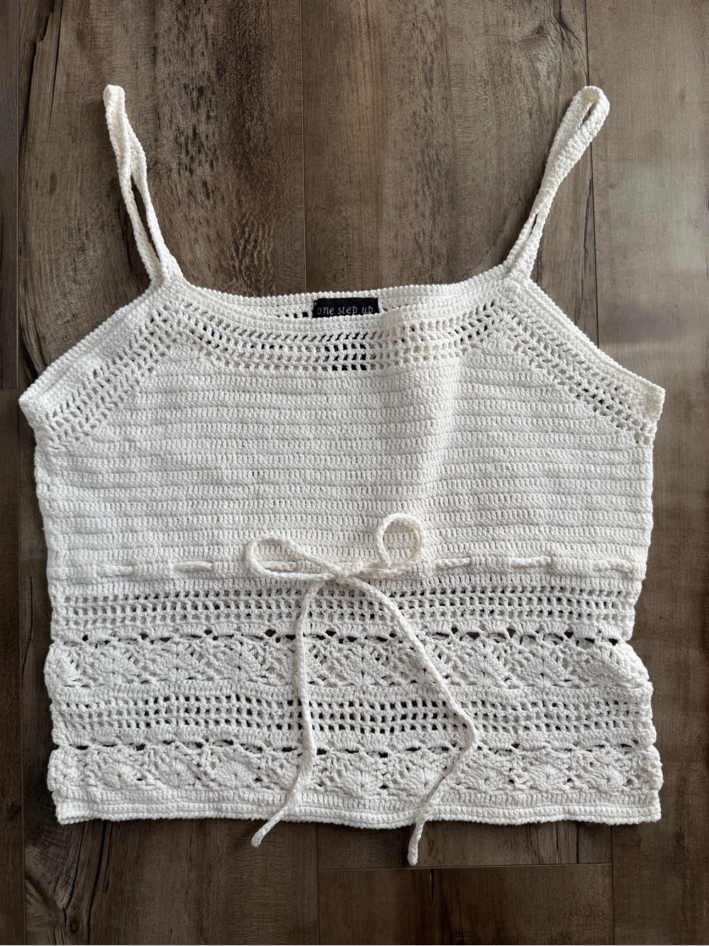 White Crochet Tank Top One Step Up Cropped Spaghetti Strap Knit Retro 90s Boho S